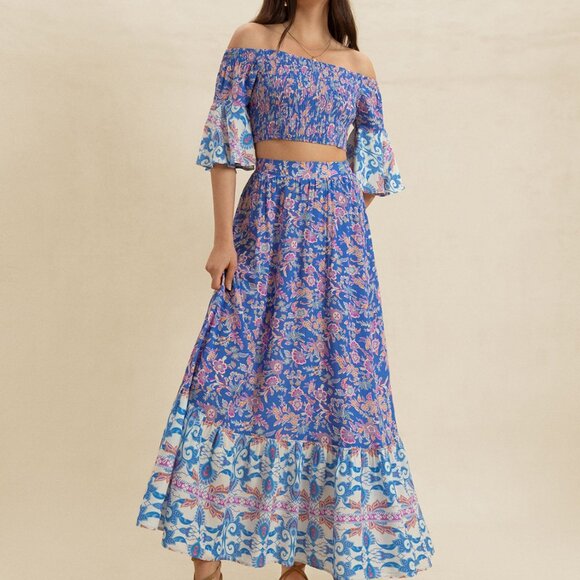 Smocked Off-Shoulder Printed Top and Skirt Set - Picture 4 of 10